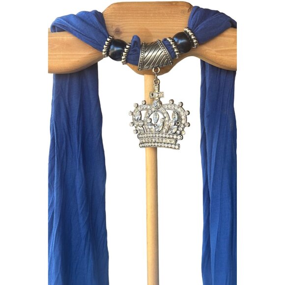 Blue Scarf w/Silver Chain Crown Gem Pendant (Brand Unknown-READ) - Picture 16 of 16